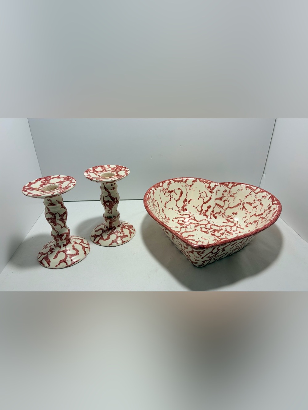 Vintage Jacquelyne's Marbleized Ceramic Heart Bowl & Matching Candle Holders